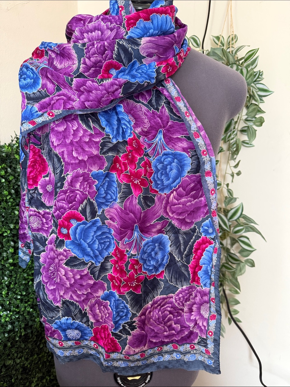 Albert Nipon Floral Border Scarf in Purple, Blue & Pink